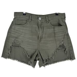 American Eagle Jean Shorts Womens Sz 12 Army Green Heavily Distressed Mom Denim